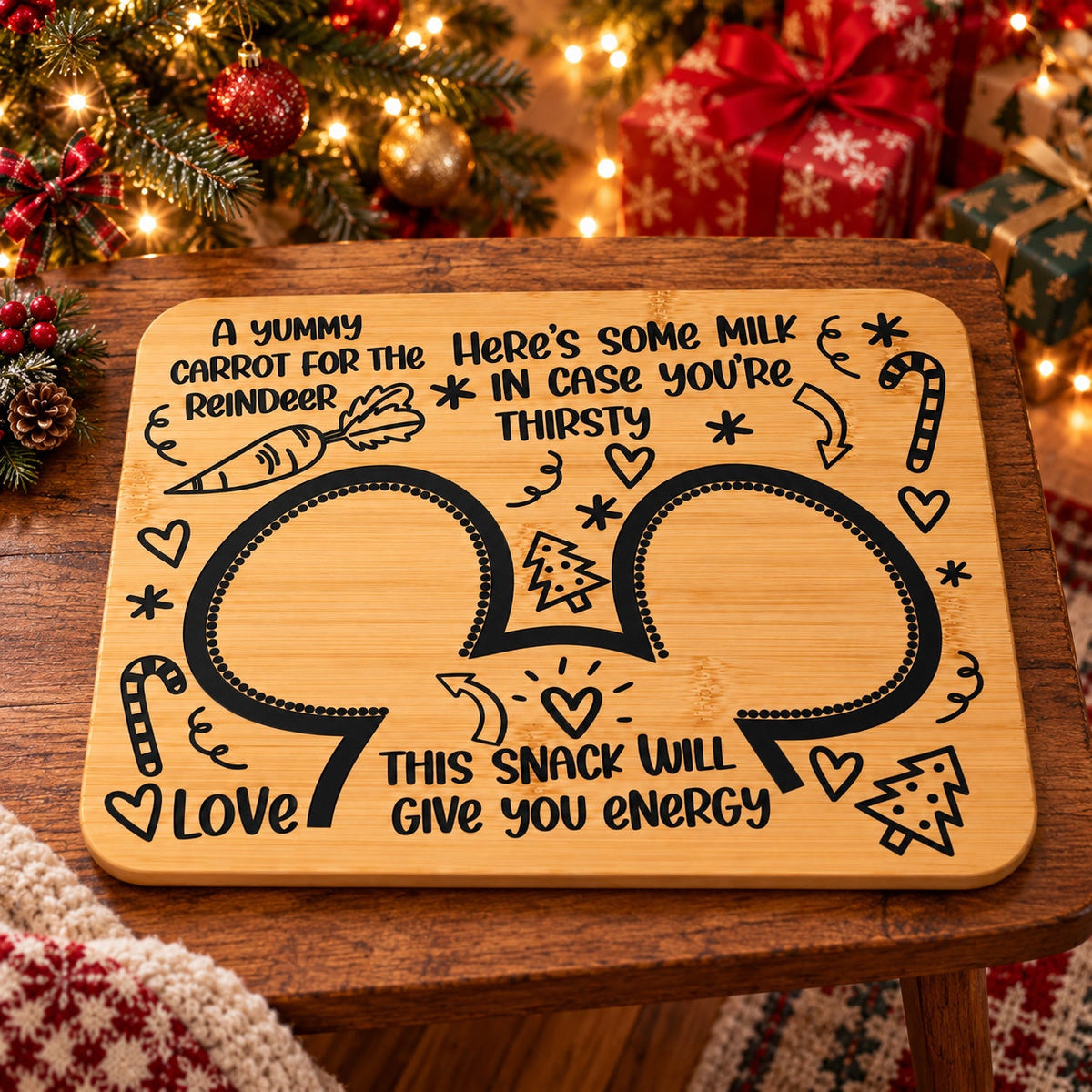 Festive bamboo Santa treat board in a cozy Christmas setting