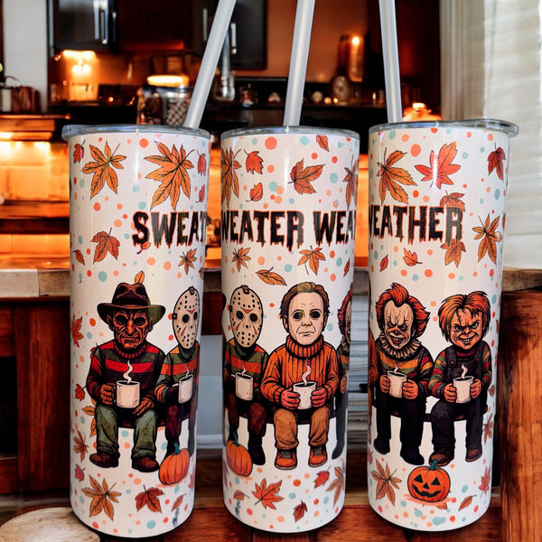 1 AAA Sweater Weather Horror Tumbler | 20oz Double Wall Stainless Steel Cup | Spooky Season Coffee Cup | Halloween Gift