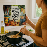 Tempered Glass Cutting Board – “Sazón, Adobo, Sofrito y Amor” | Latin Kitchen Decor | Puerto Rican Gift | Spanglish Home Decor | Available in 3 Sizes