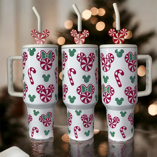 Peppermint Mouse 40oz Tumbler | Christmas Candy Cane | Personalized Holiday Tumbler with Handle & Straw | Gift Cup