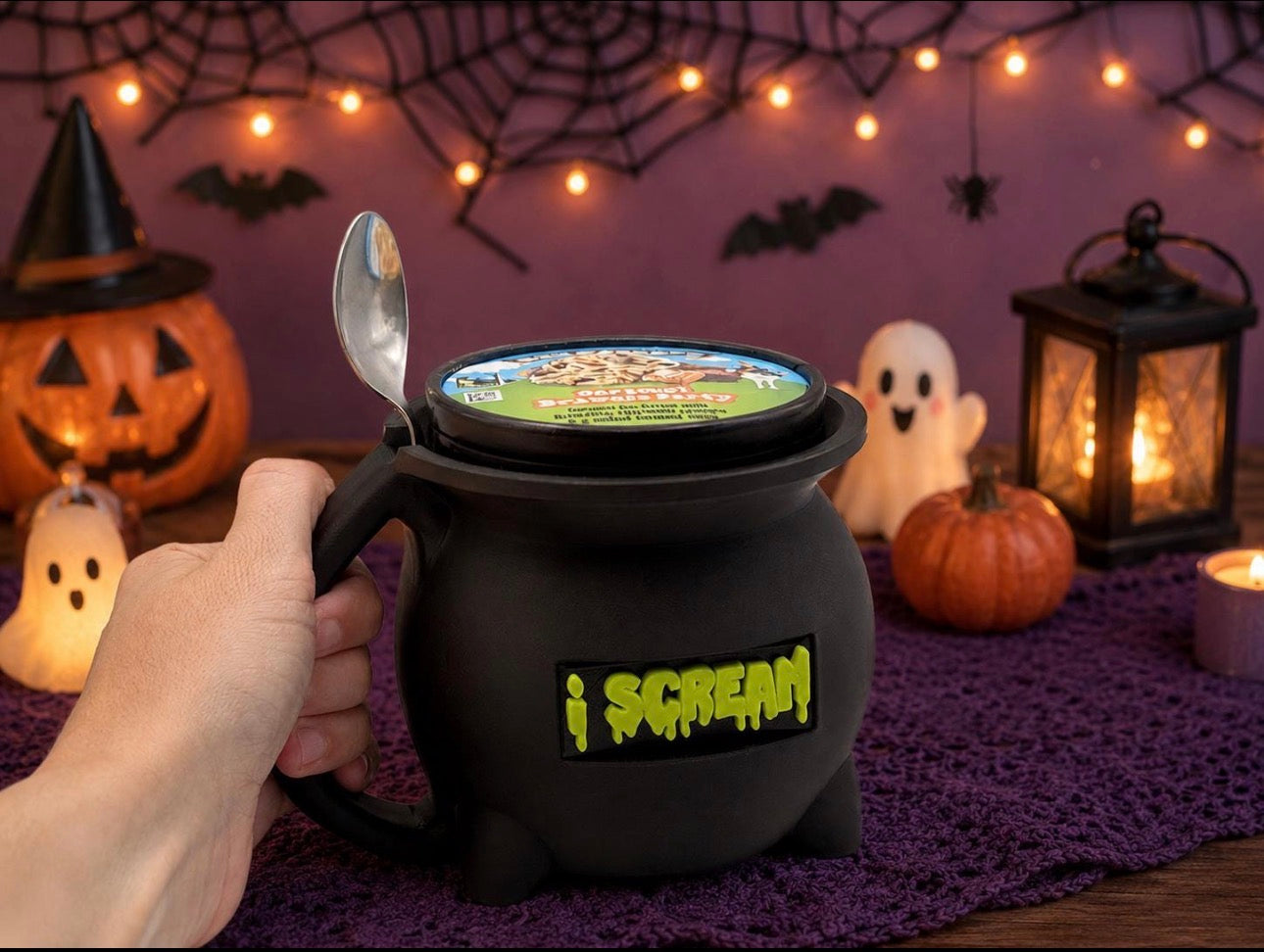 Halloween Cauldron Ice Cream Pint Holder with Spoon Slot