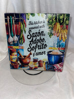 Tempered Glass Cutting Board – “Sazón, Adobo, Sofrito y Amor” | Latin Kitchen Decor | Puerto Rican Gift | Spanglish Home Decor | Available in 3 Sizes