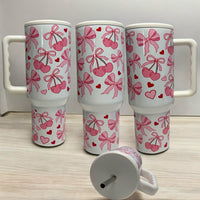 Coquette 40oz Tumbler, Preppy Pink Cherry Bows 40 oz Quencher Tumbler, Soft Girly Aesthetic Ribbons Tumbler