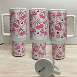 Coquette 40oz Tumbler, Preppy Pink Cherry Bows 40 oz Quencher Tumbler, Soft Girly Aesthetic Ribbons Tumbler