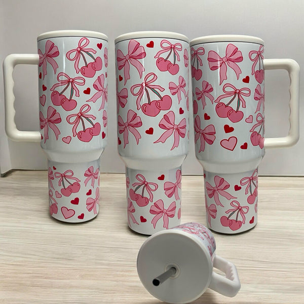 Coquette 40oz Tumbler, Preppy Pink Cherry Bows 40 oz Quencher Tumbler, Soft Girly Aesthetic Ribbons Tumbler