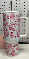 Coquette 40oz Tumbler, Preppy Pink Cherry Bows 40 oz Quencher Tumbler, Soft Girly Aesthetic Ribbons Tumbler
