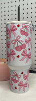 Coquette 40oz Tumbler, Preppy Pink Cherry Bows 40 oz Quencher Tumbler, Soft Girly Aesthetic Ribbons Tumbler