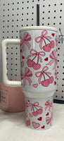 Coquette 40oz Tumbler, Preppy Pink Cherry Bows 40 oz Quencher Tumbler, Soft Girly Aesthetic Ribbons Tumbler