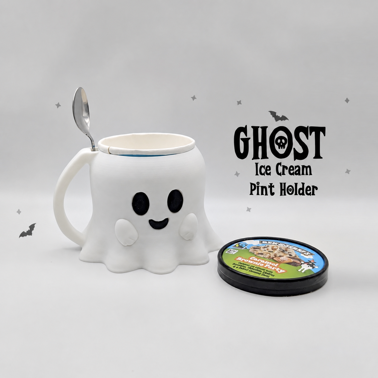 Ghost Ice Cream Pint Holder with Spoon Slot | 3D Printed Halloween Pint Cozy