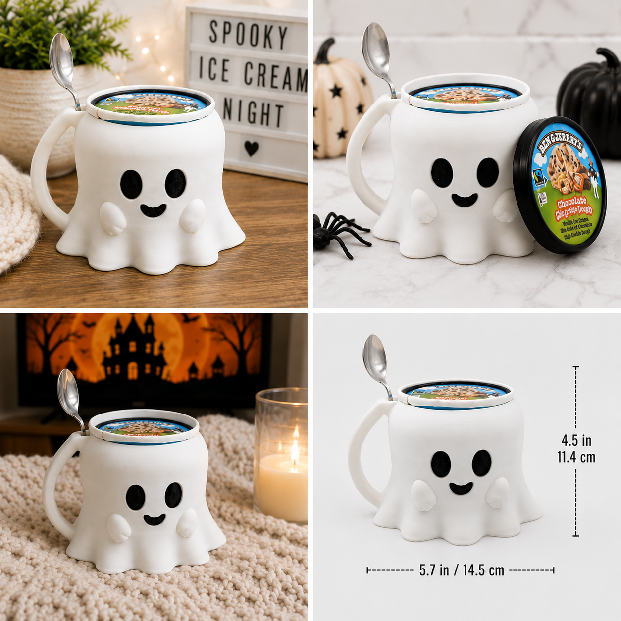 Ghost Ice Cream Pint Holder with Spoon Slot | 3D Printed Halloween Pint Cozy