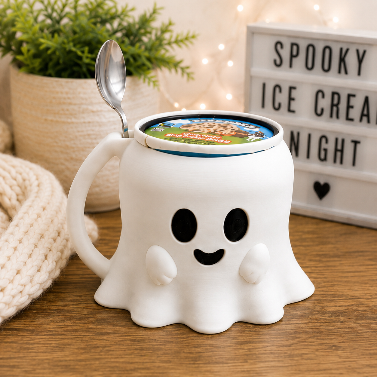 Ghost Ice Cream Pint Holder with Spoon Slot | 3D Printed Halloween Pint Cozy
