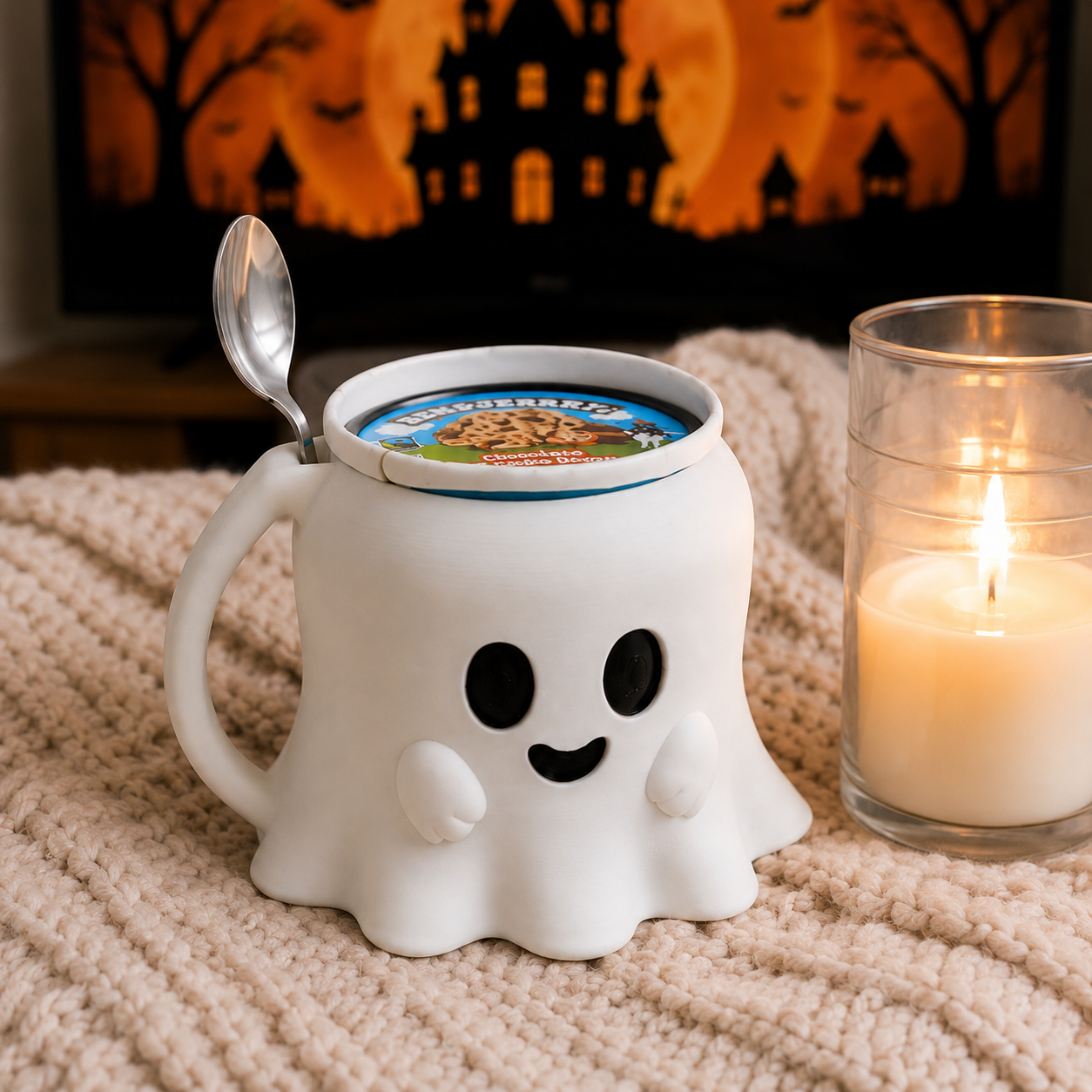 Ghost Ice Cream Pint Holder with Spoon Slot | 3D Printed Halloween Pint Cozy