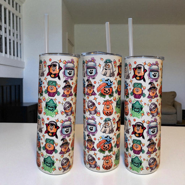 1 Nostalgic Halloween Cartoon Tumbler – 20oz Skinny Stainless Steel Cup with Lid & Straw – Cute Fall Characters, Boo Crew Mug, Retro Spooky