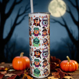 1 Nostalgic Halloween Cartoon Tumbler – 20oz Skinny Stainless Steel Cup with Lid & Straw – Cute Fall Characters, Boo Crew Mug, Retro Spooky