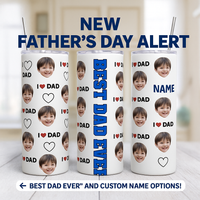 Custom Father’s Day Tumbler with Child’s Face – Best Dad Ever Gift – I ❤️ Dad Personalized Photo Cup – Name Option – Unique Gift for Dad or Grandpa