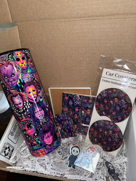 1-Aa Horror Boo Box – Spooky Gift Set with 20oz Tumbler, Car Coasters, Ceramic Coaster, Keychain & Decals | Ultimate Treat for Horror Fans