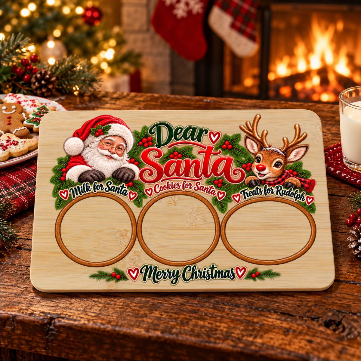Dear Santa Christmas treat tray displayed by a cozy holiday fireplace