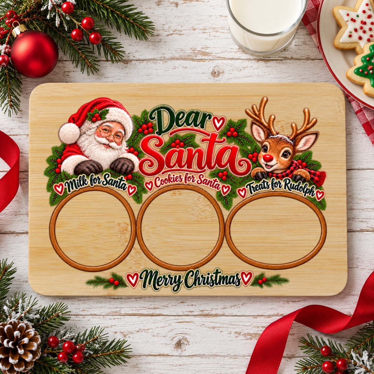 Dear Santa Christmas Eve treat tray featuring Santa, Rudolph, milk and cookie spaces