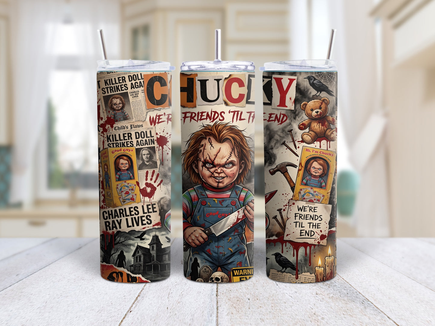 Chucky horror collage 20oz skinny tumbler shown from three angles