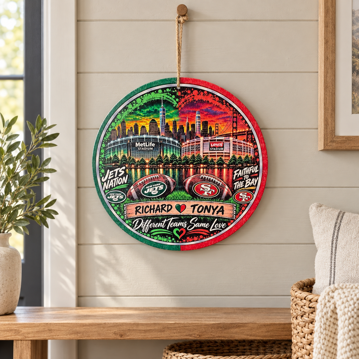 Personalized two-team football sign displayed in a cozy entryway