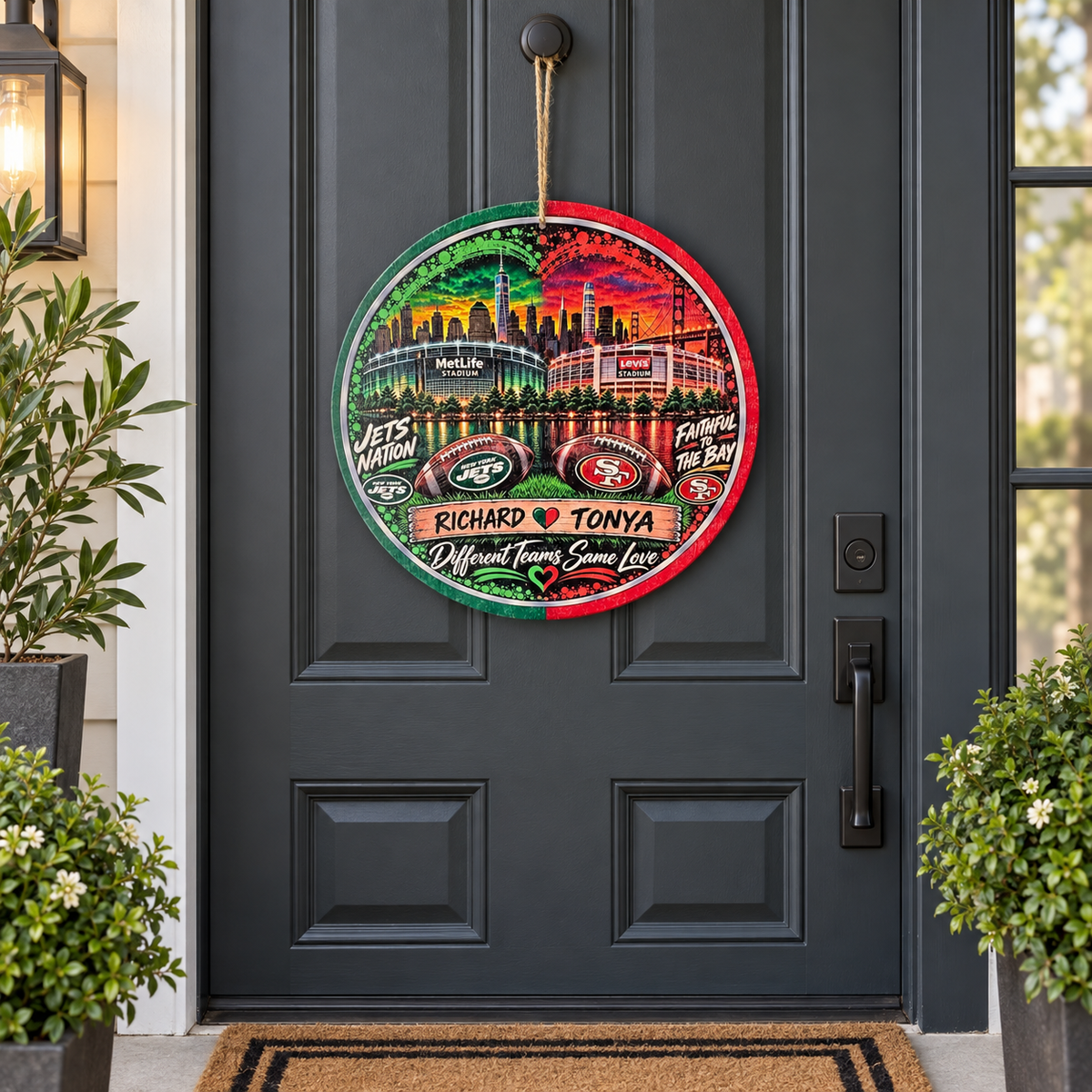 Personalized two-team football sign displayed on a dark front door