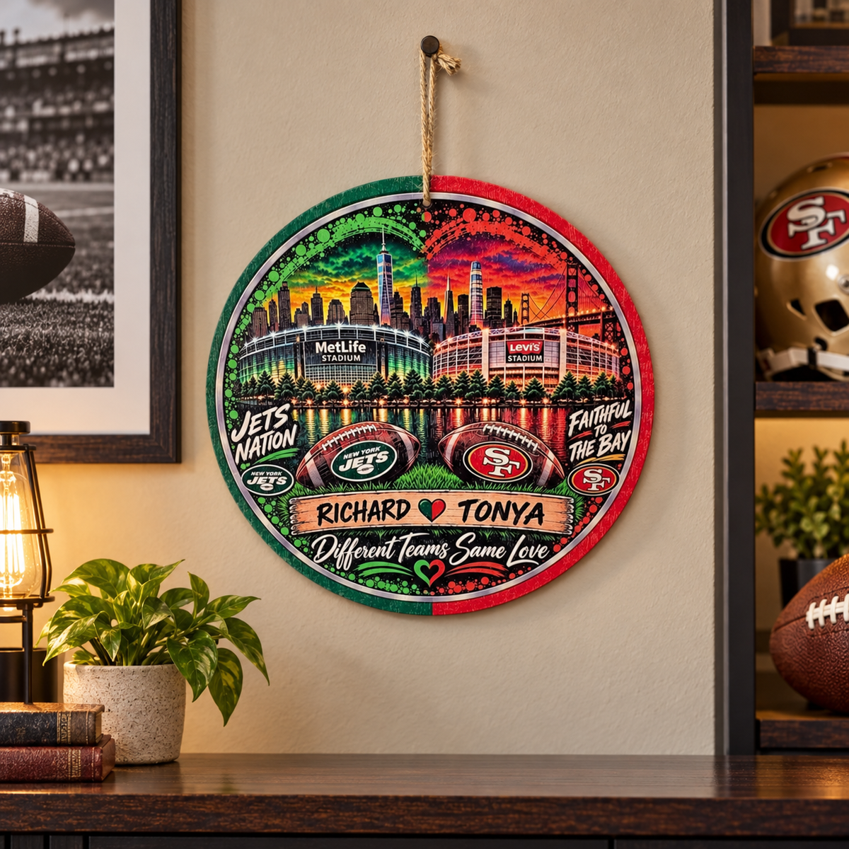 Personalized two-team football sign displayed in a game room