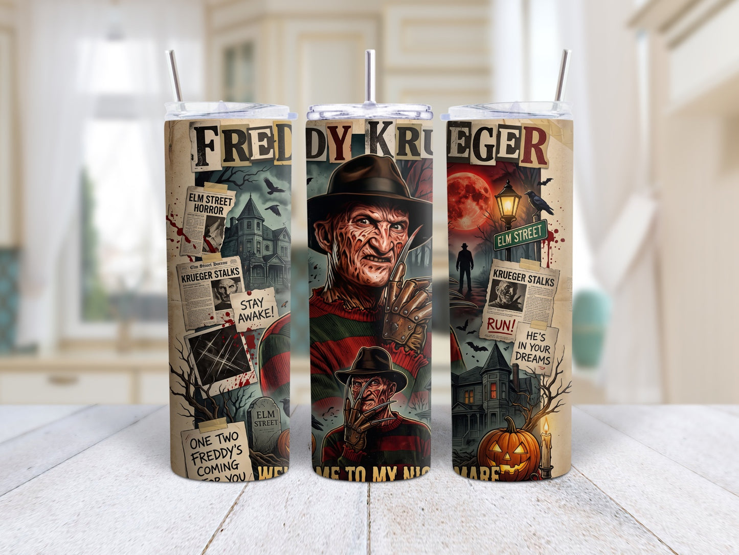 Freddy horror collage 20oz skinny tumbler shown from three angles