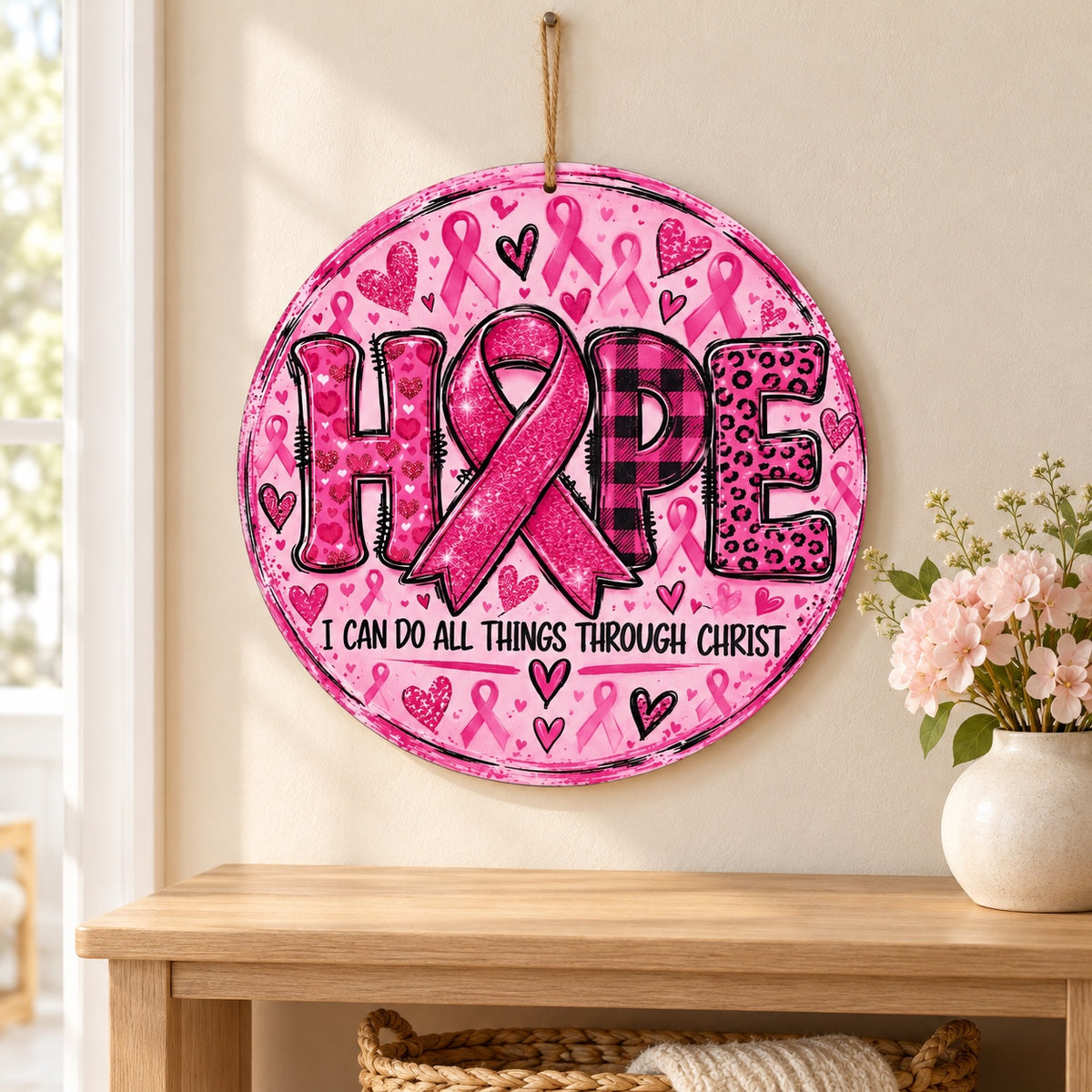 HOPE pink ribbon wooden sign displayed above an entryway table