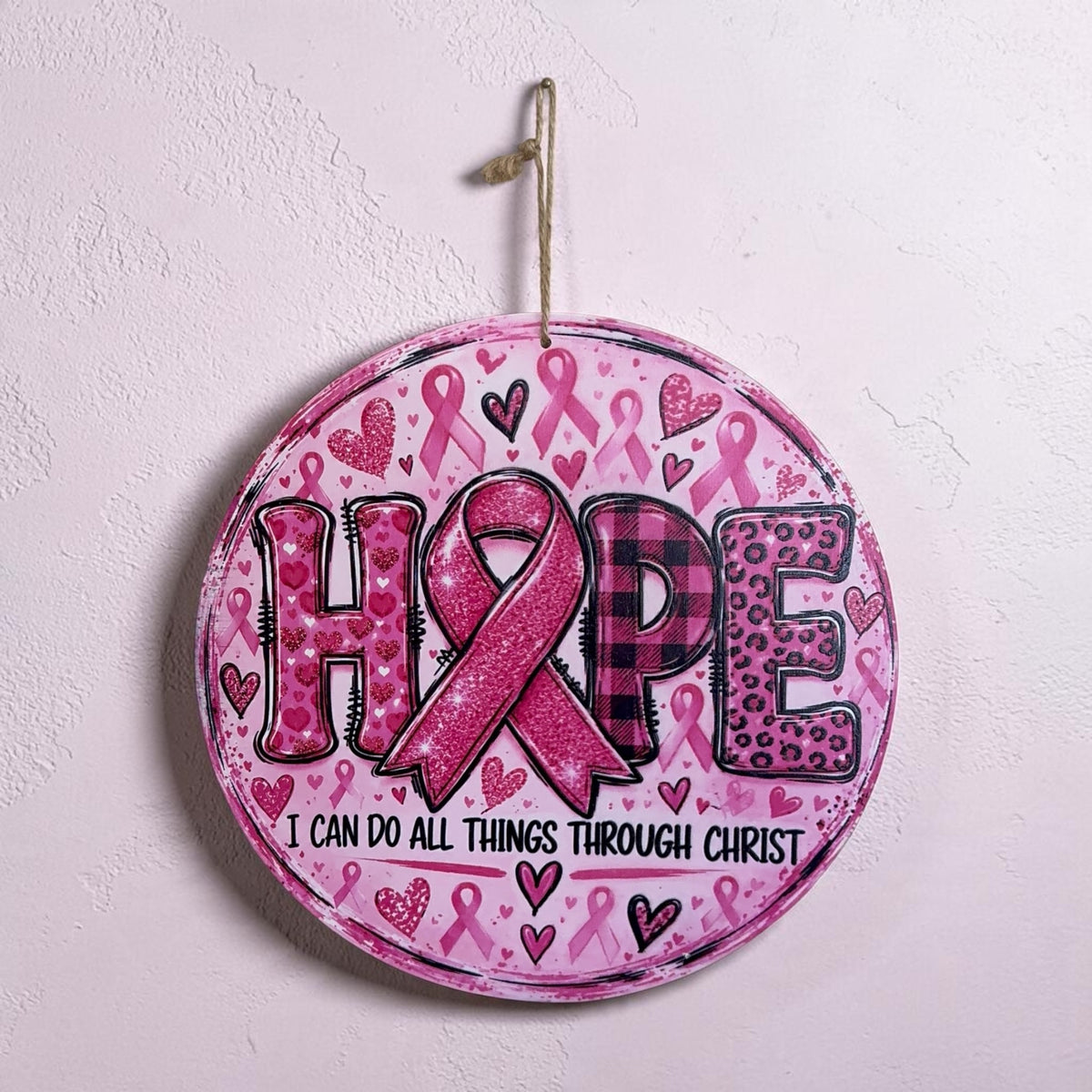 HOPE round pink breast cancer awareness sign with jute hanger and Christian message