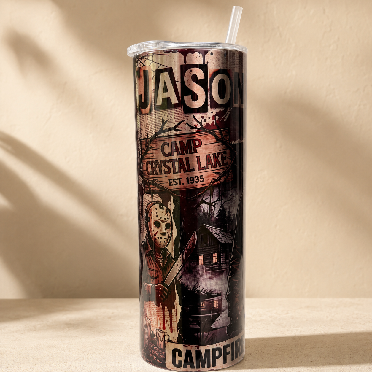 Jason 20oz tumbler Camp Crystal Lake design angle