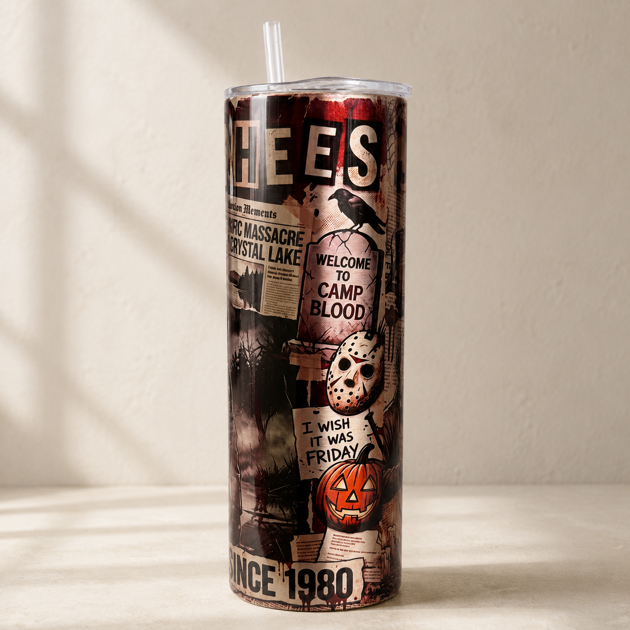 Jason 20oz tumbler Camp Blood design angle