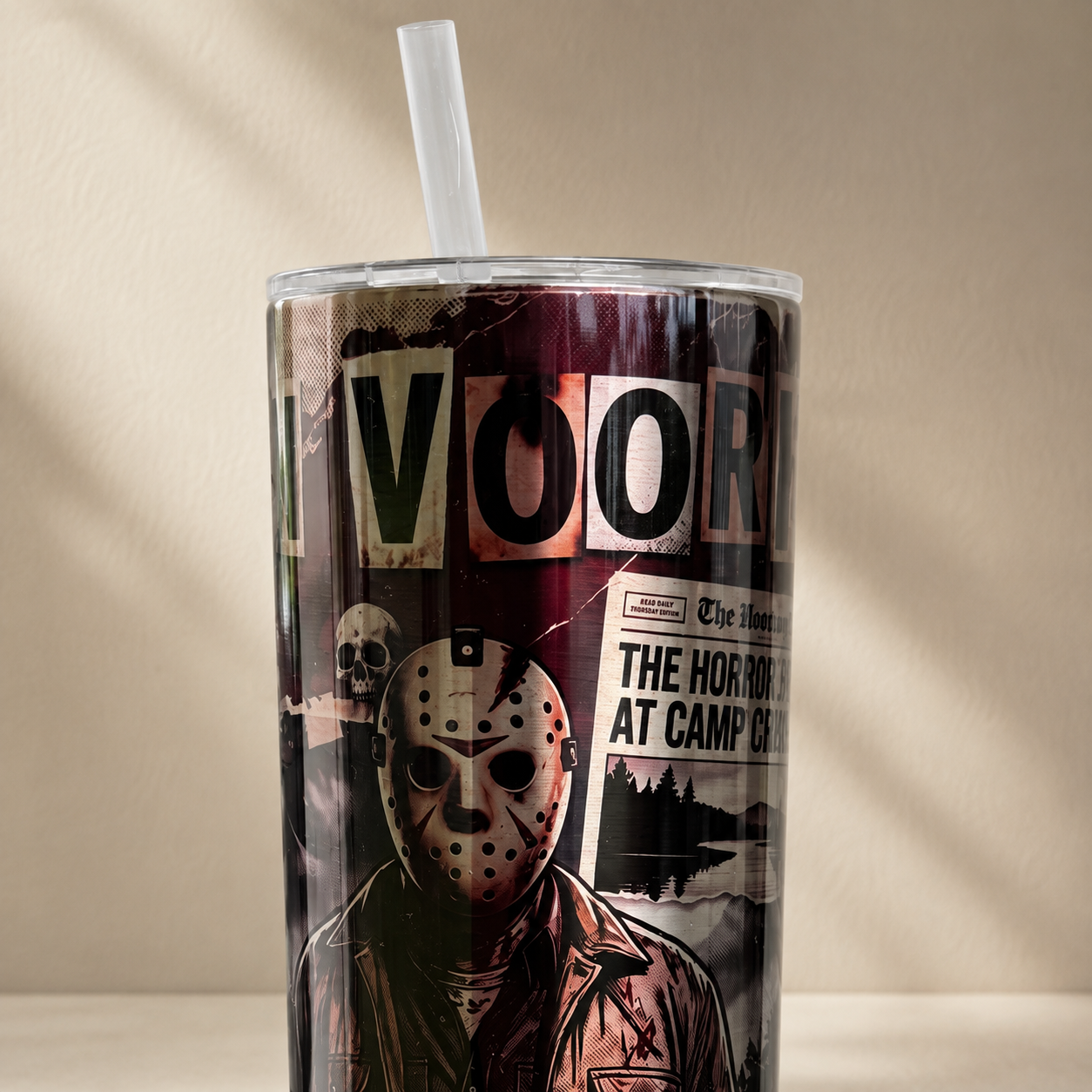 Close-up of Jason tumbler artwork and lid