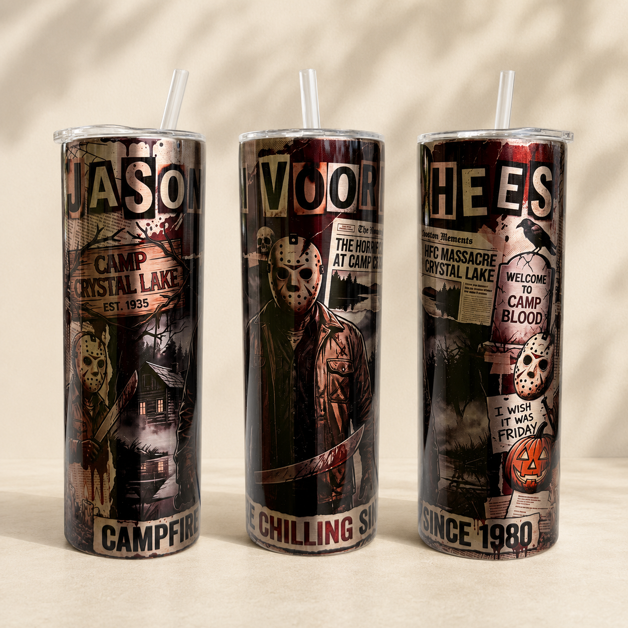 Jason Camp Crystal Lake horror tumbler shown from three angles