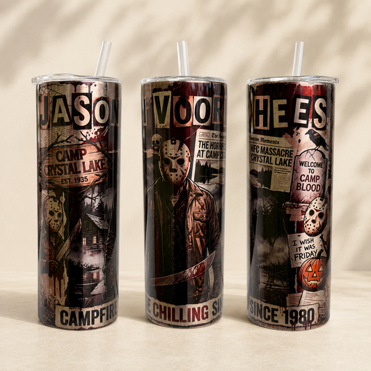 Jason Camp Crystal Lake horror tumbler shown from three angles