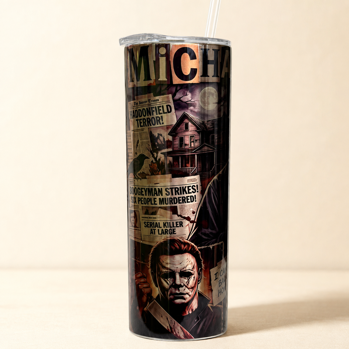 Michael Myers 20oz tumbler house and newspaper design angle