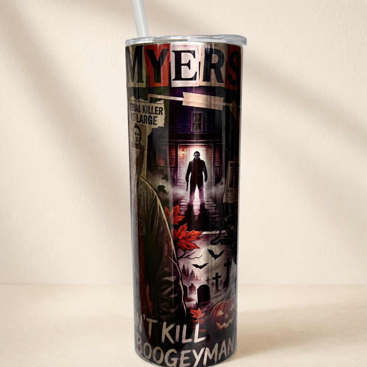 Michael Myers 20oz tumbler graveyard design angle