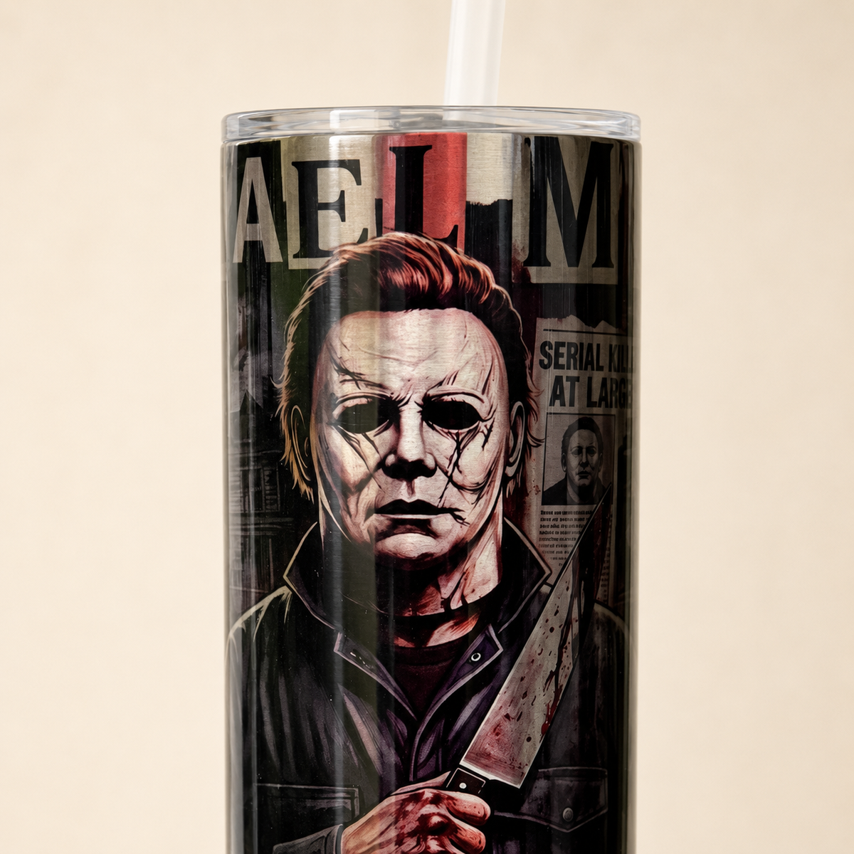 Close-up of Michael Myers tumbler artwork and lid