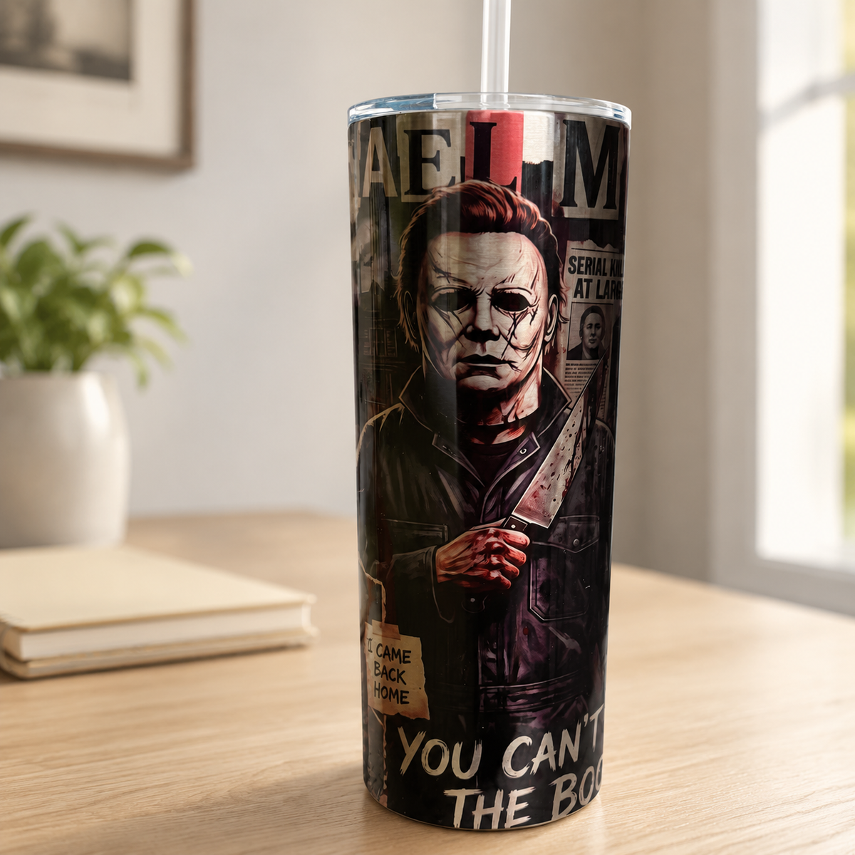 Michael Myers tumbler displayed on a desk