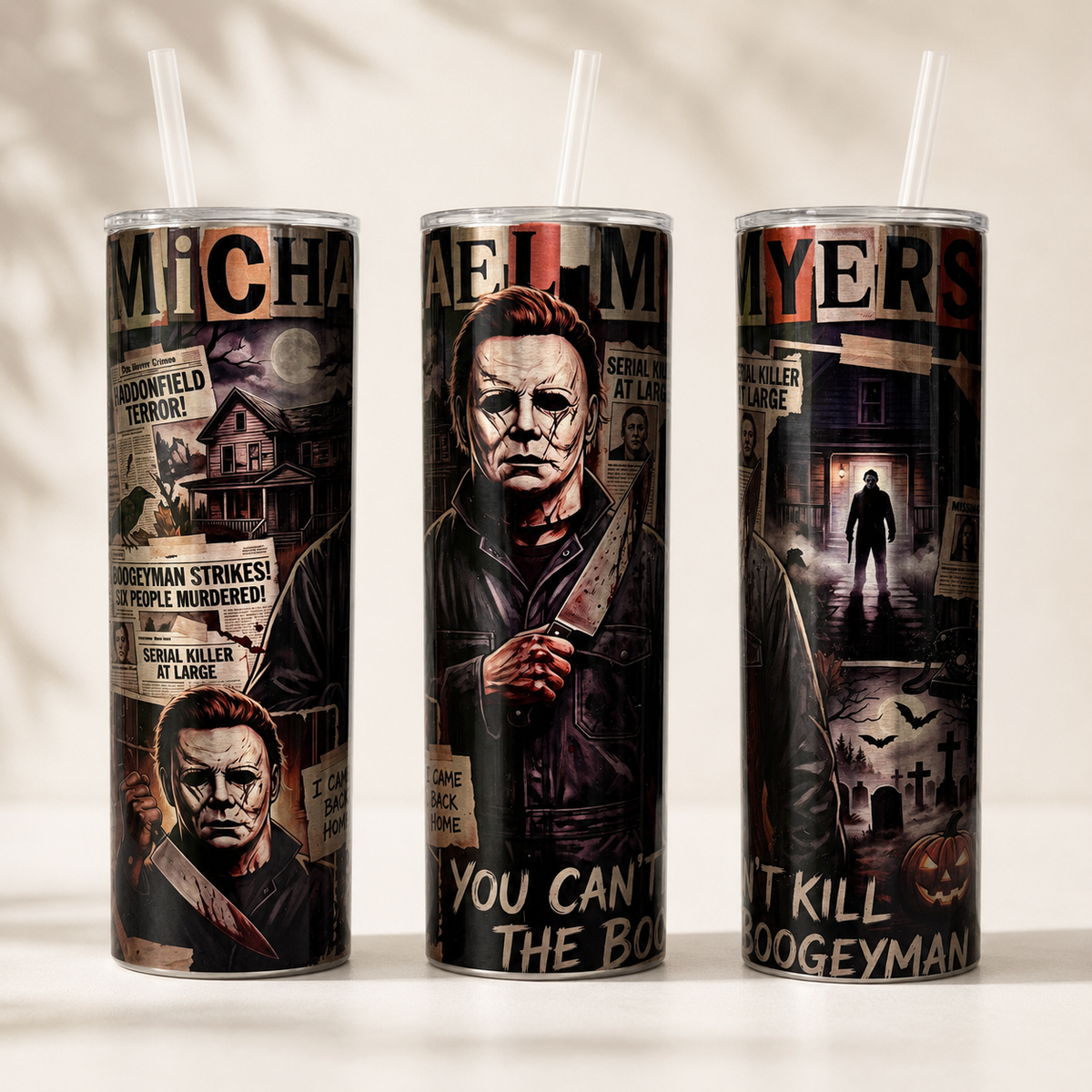 Michael Myers horror tumbler shown from three angles