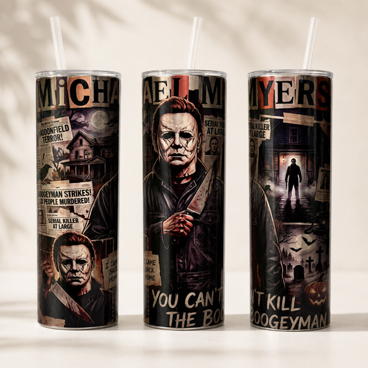 Michael Myers horror tumbler shown from three angles