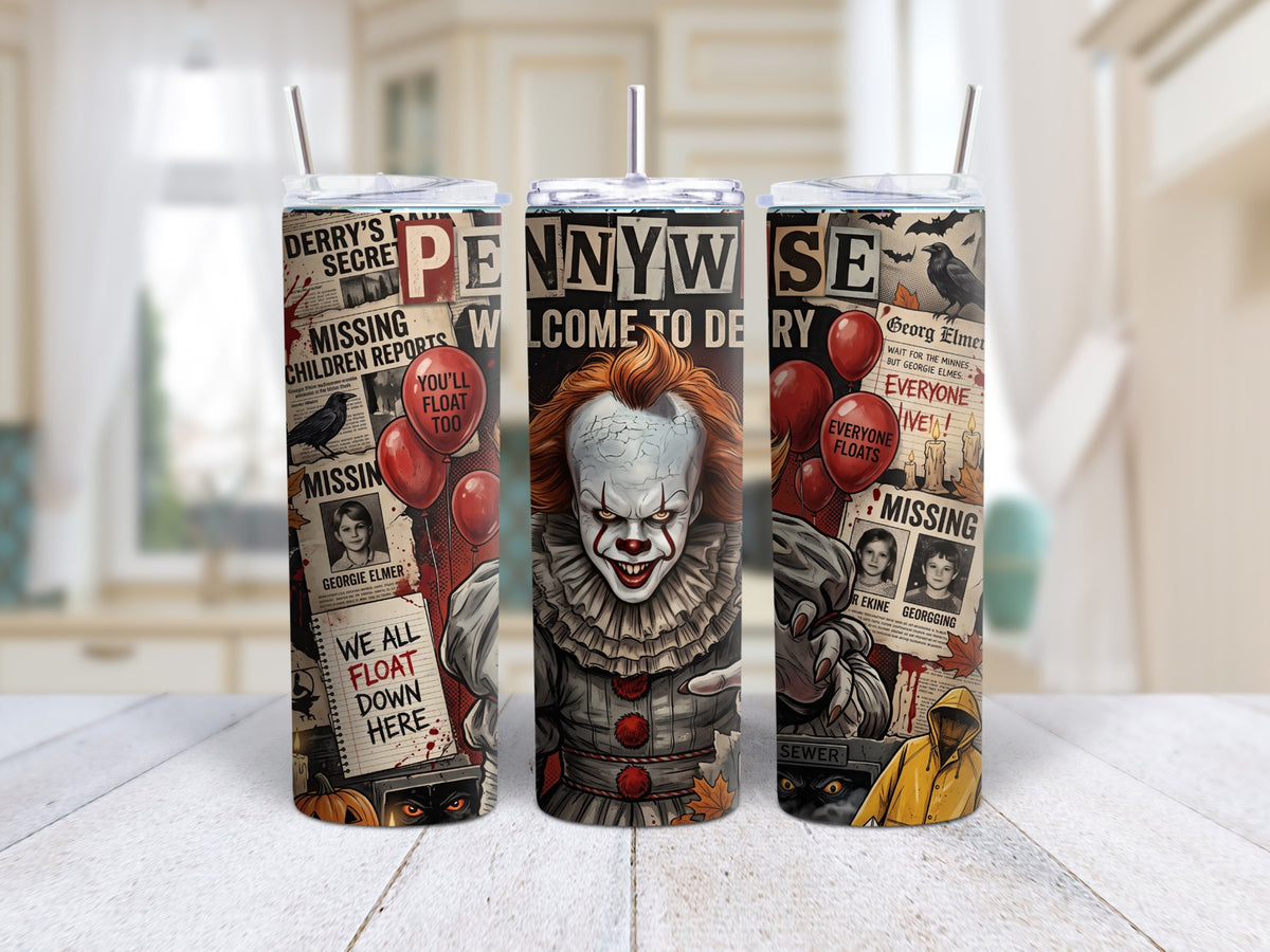 Pennywise horror collage 20oz skinny tumbler shown from three angles