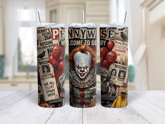 Pennywise horror collage 20oz skinny tumbler shown from three angles