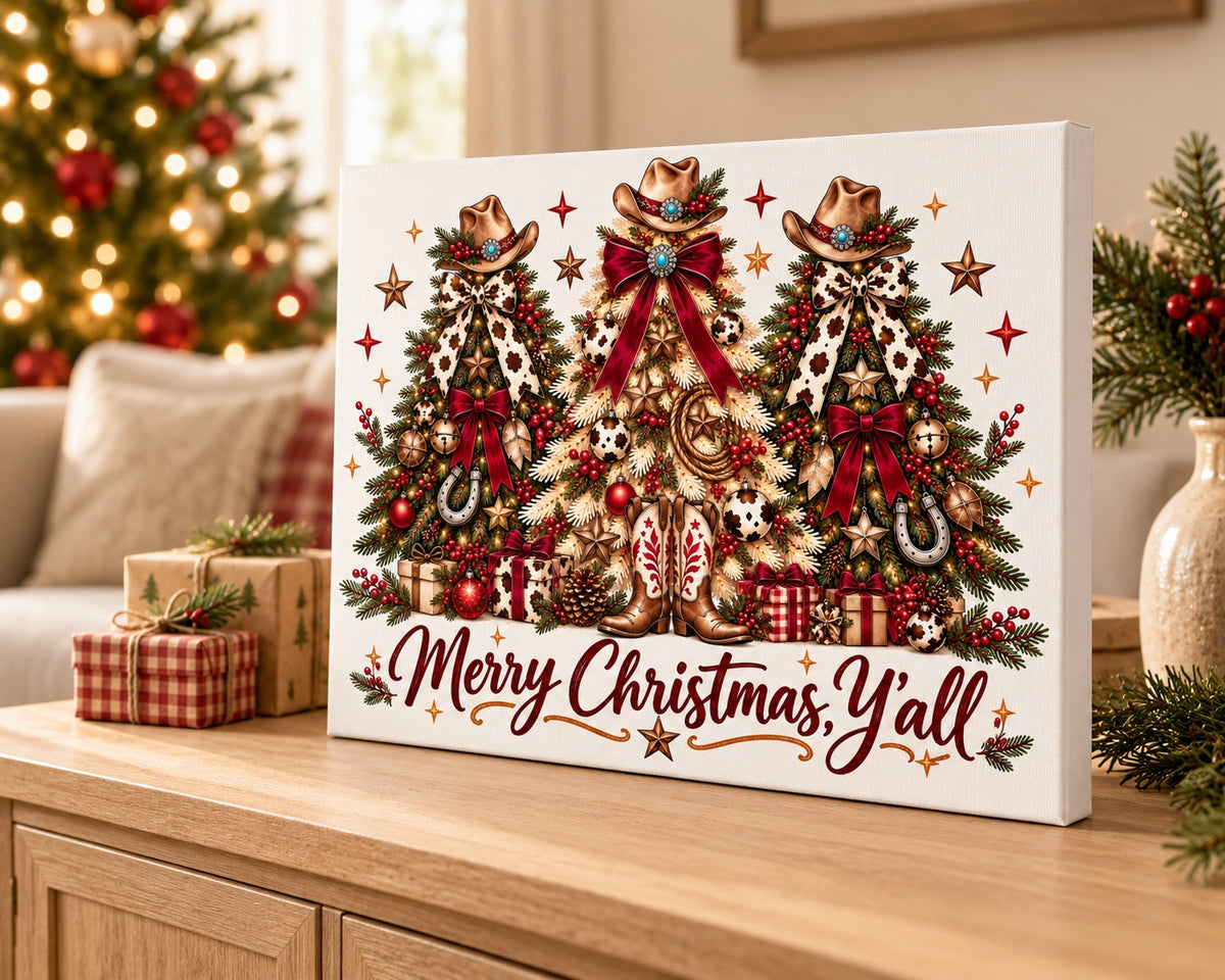 Merry Christmas Y'all western Christmas canvas mockup, shown in 10 by 8 inches with thin white sides