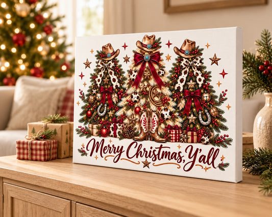 Merry Christmas Y'all western Christmas canvas mockup, shown in 10 by 8 inches with thin white sides